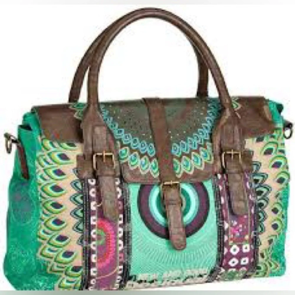Desigual boho Teal and Brown Patterned Satchel New and Good words on front - Picture 4 of 5